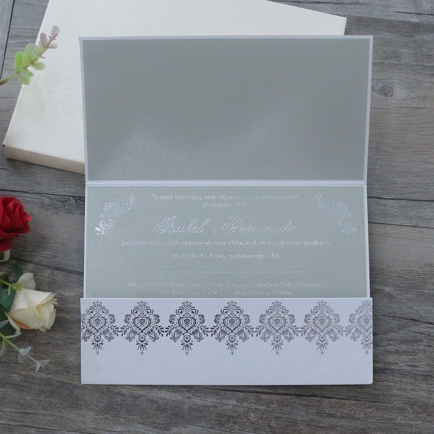 Slap-up Invitation Card with Ribbon Bow Silvery Invitation Customized Wedding Card 